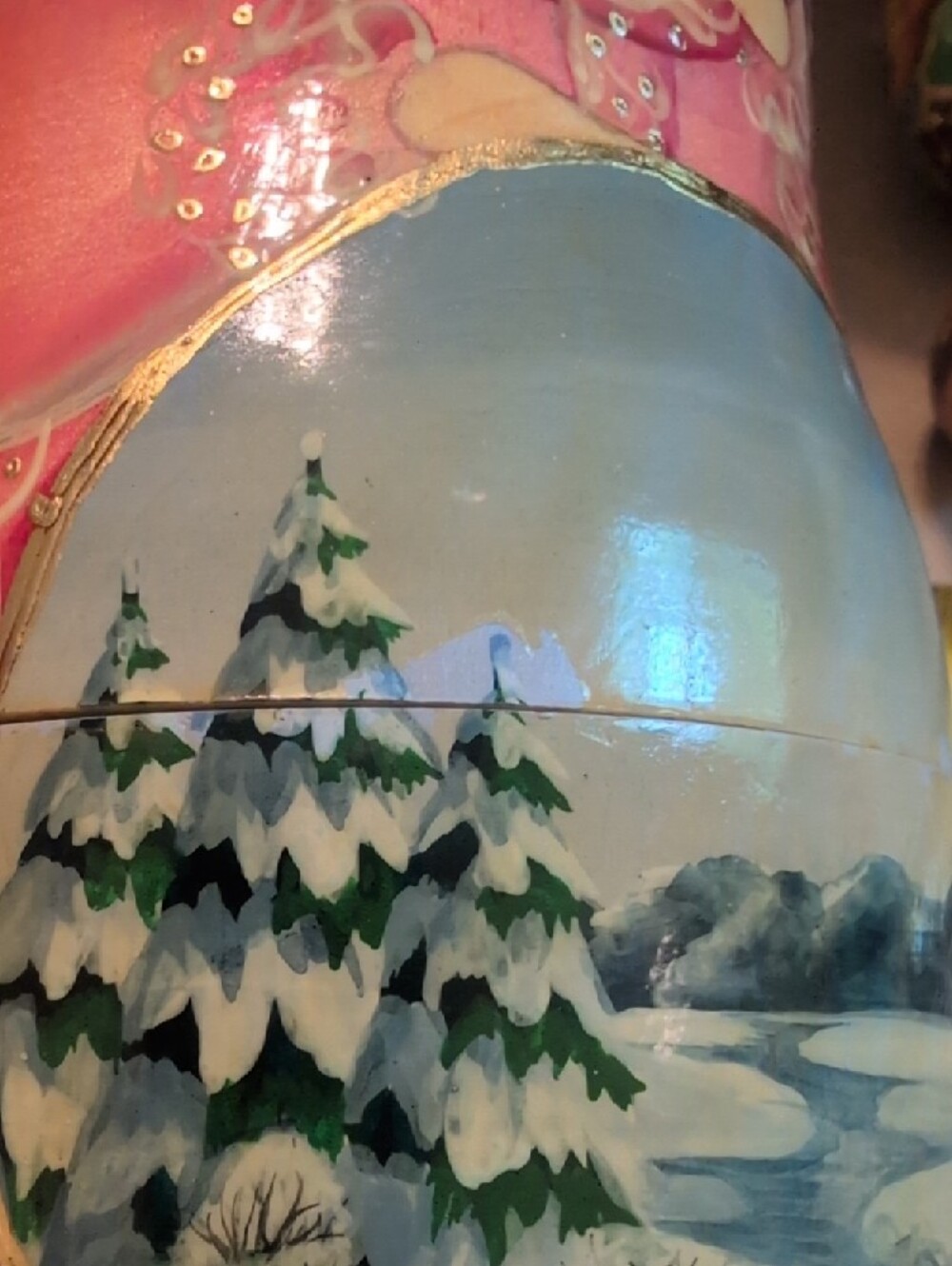 Hand-Painted Russian Nesting Doll - Pink & Purple Winter Scene - Picture 12 of 16